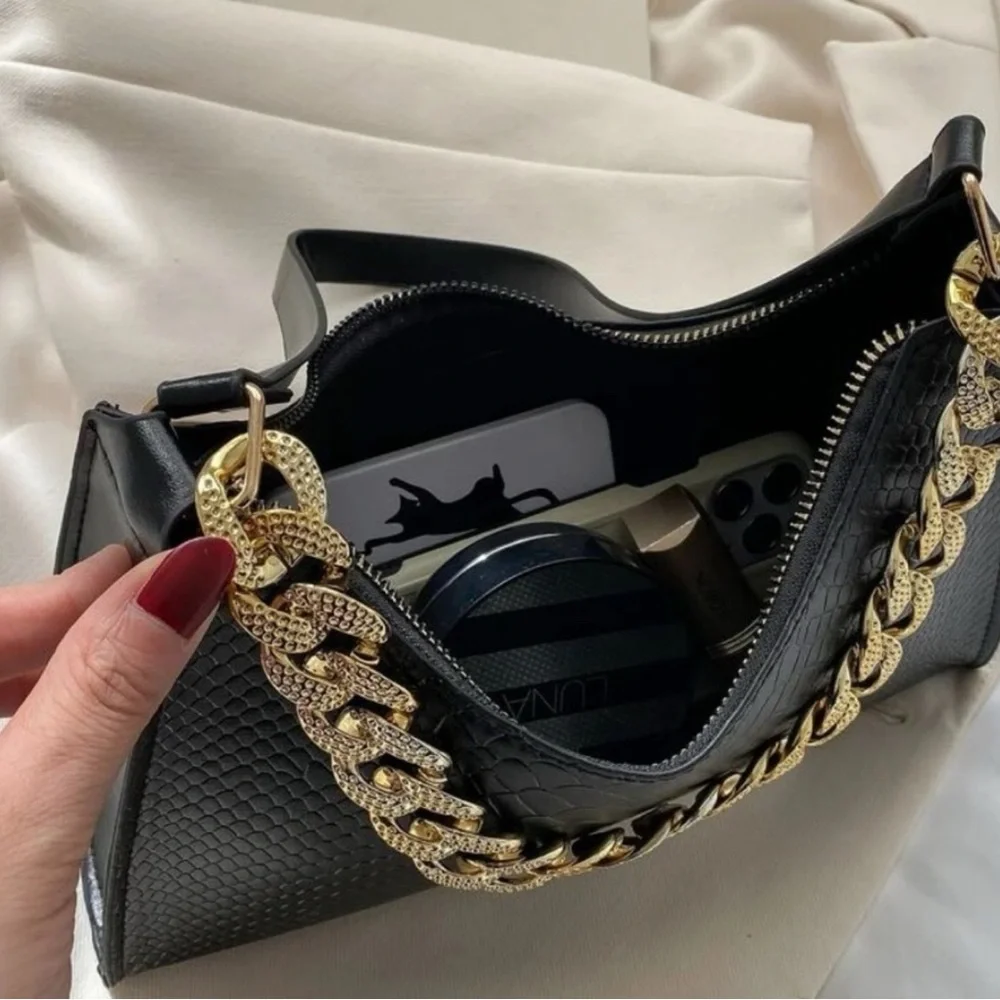 Black Croc-Embossed Shoulder Bag with Gold Chain
